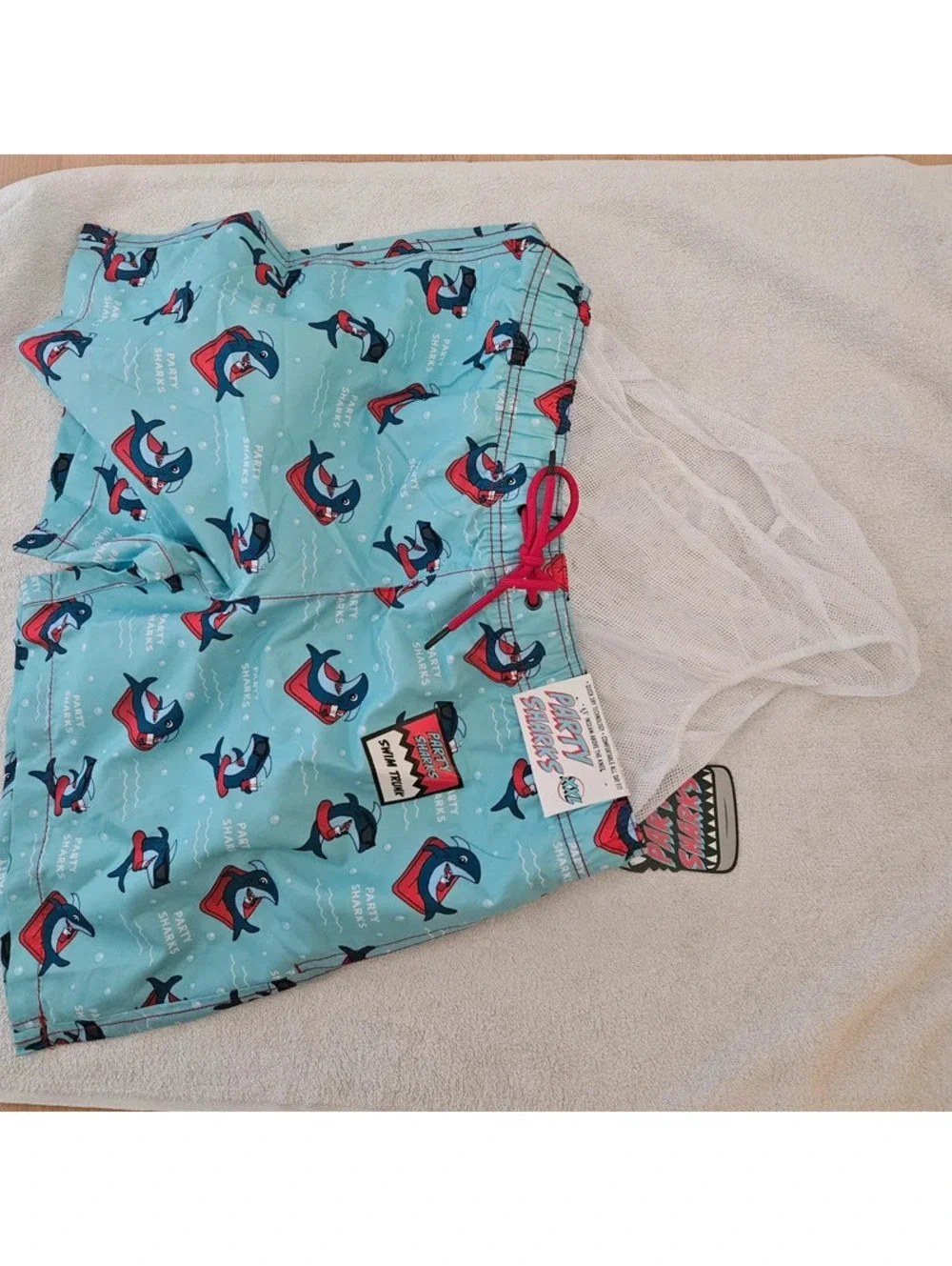 Party Sharks Men’s Swim Trunks XXL Turquoise Shark Print 6.5